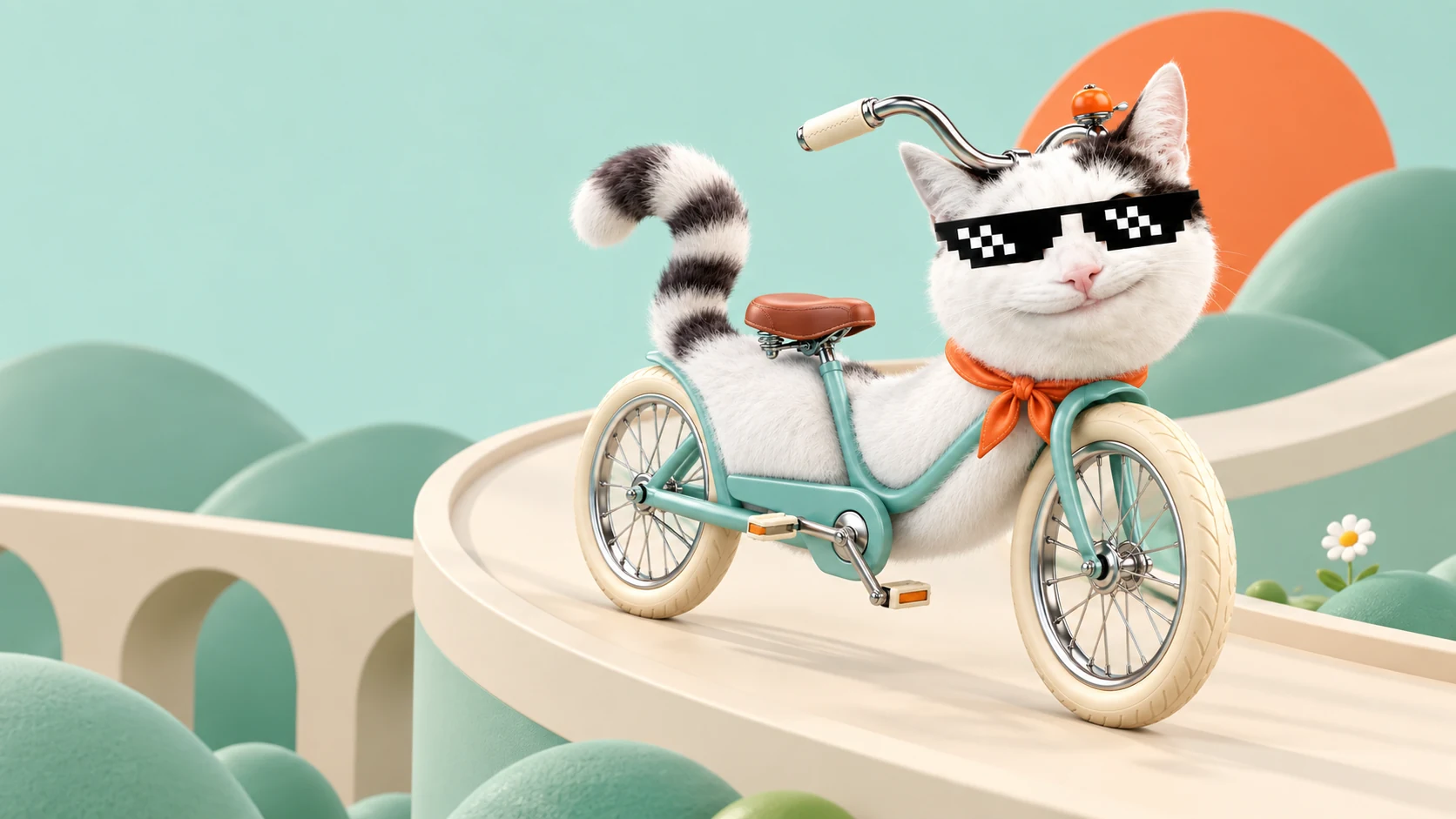 The smiling Beluga bicycle coasts down a cream ramp between seafoam hills.
