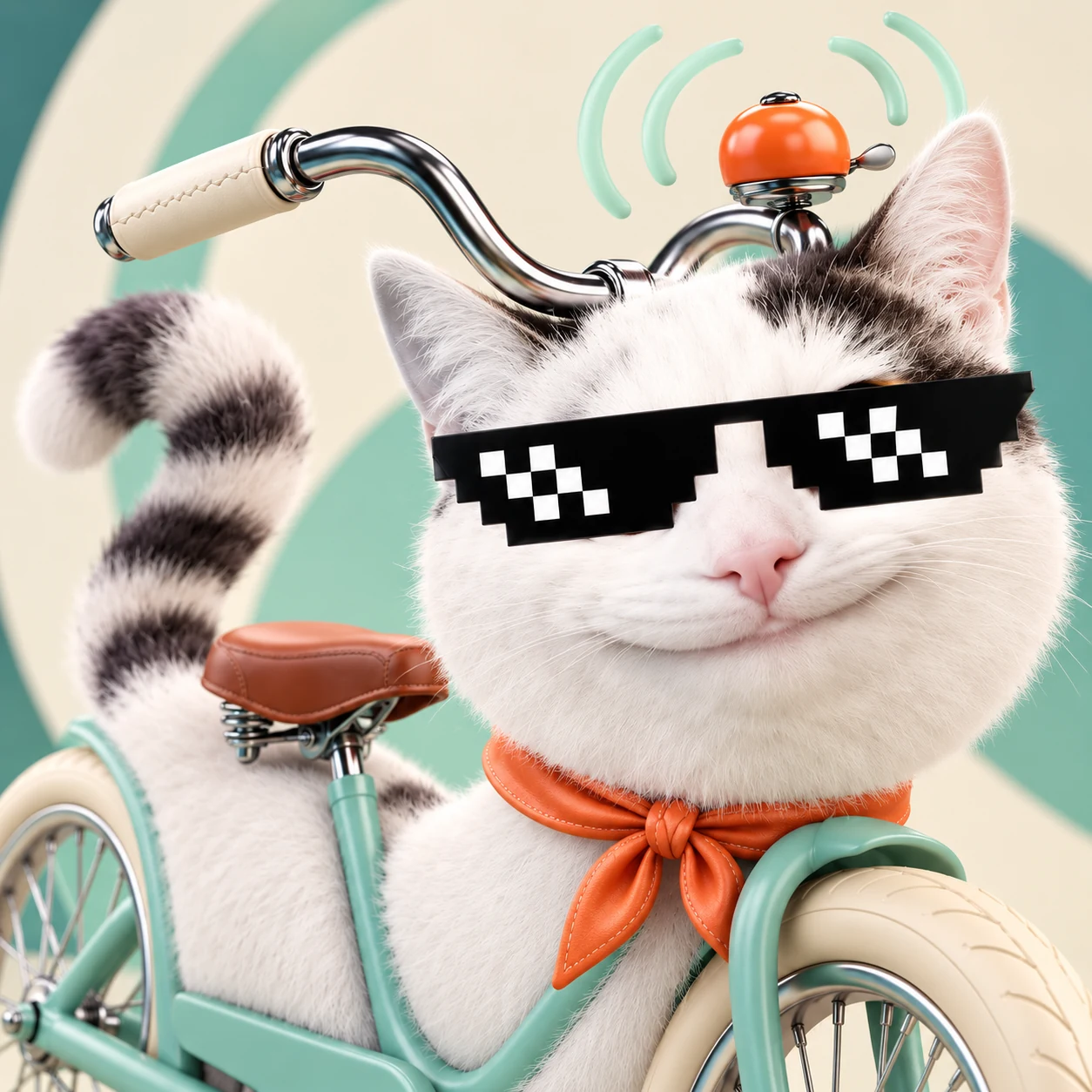 Beluga’s polite smile beneath pixel sunglasses and a polished orange bicycle bell.